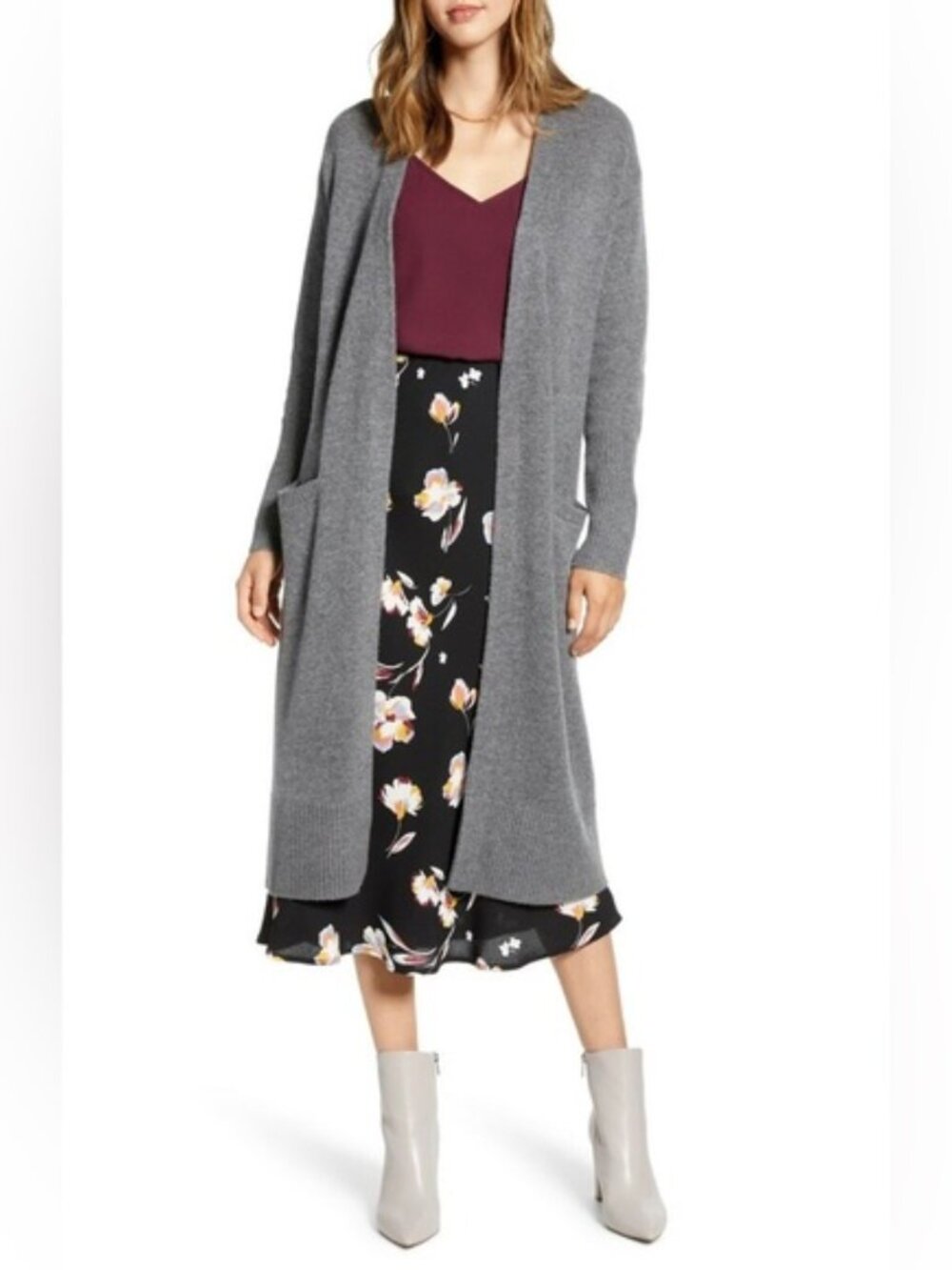 Halogen Wool & Cashmere Long Line Pocket Cardigan M Heather Gray